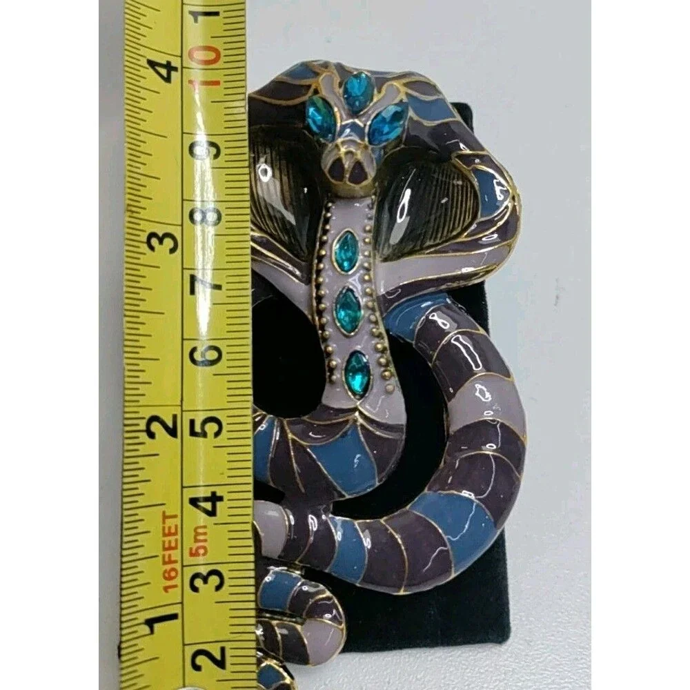 King Cobra Snake Brooch  4” Blue & Gold Tone Cobra Snake Enamel Rhinestone NEW